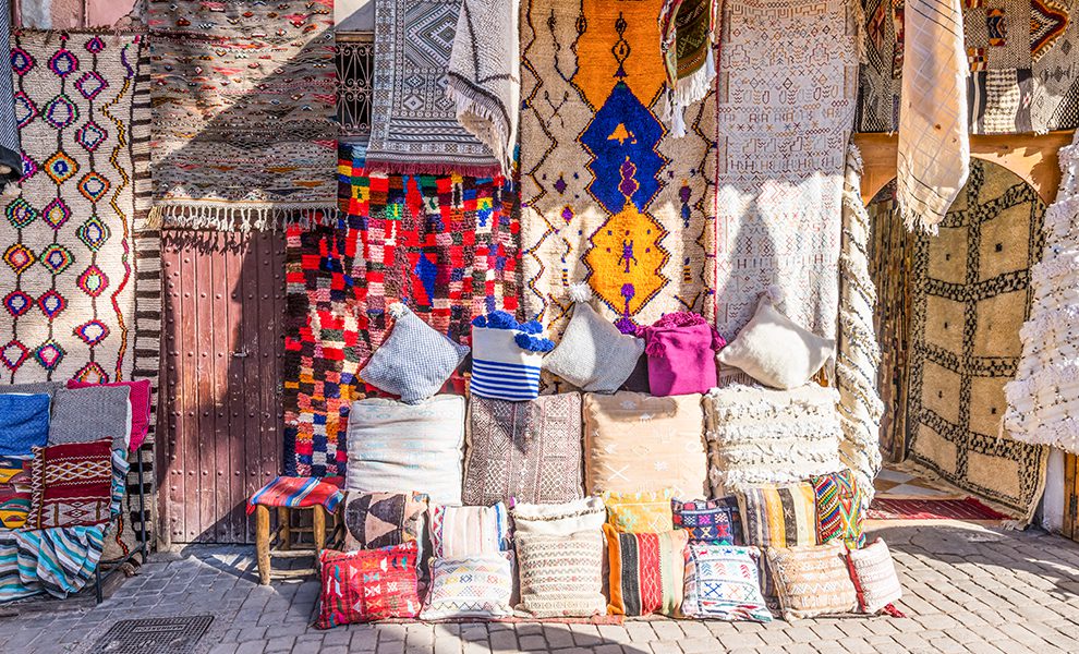 Colorful Handwoven Moroccan Carpets in Marrakesh Market